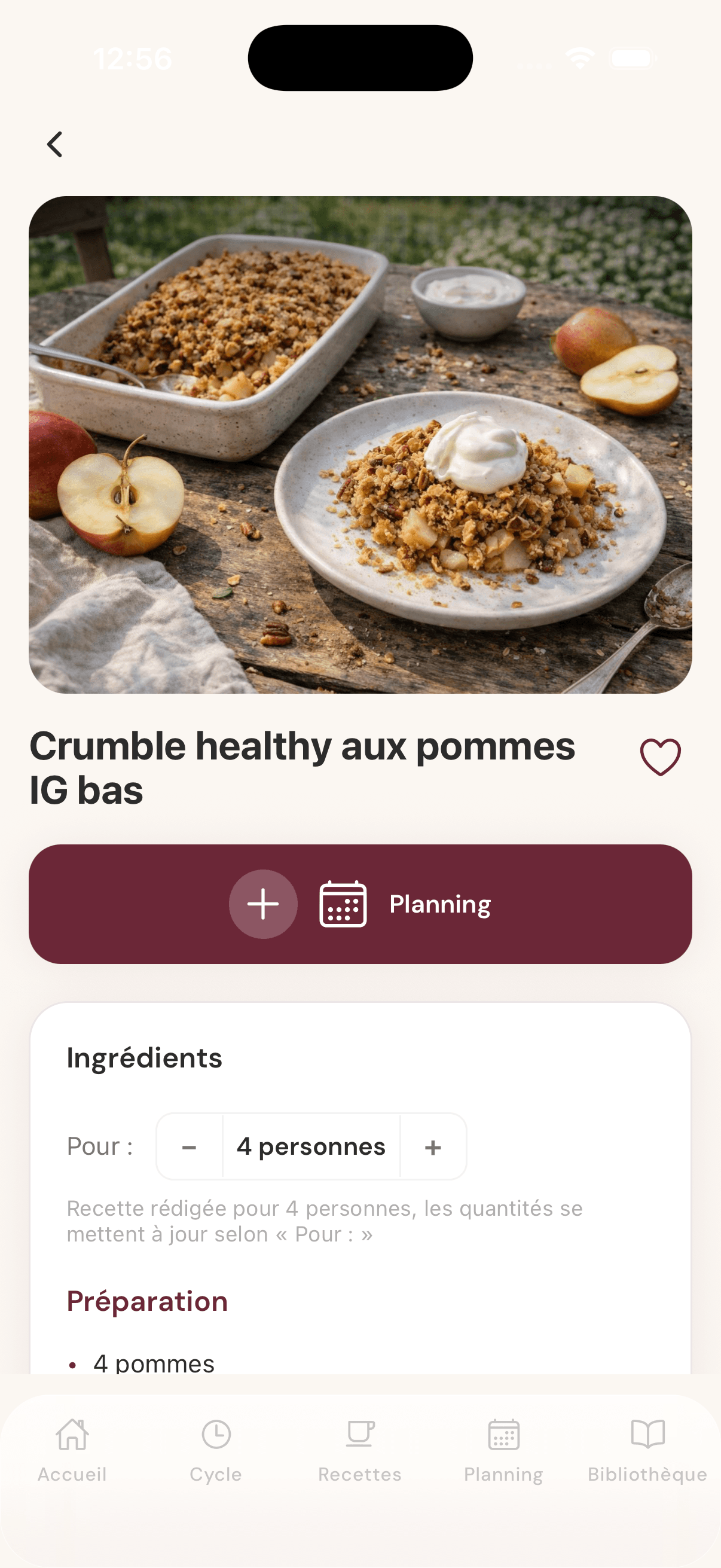 Écran Lovae · recettes · vue 2