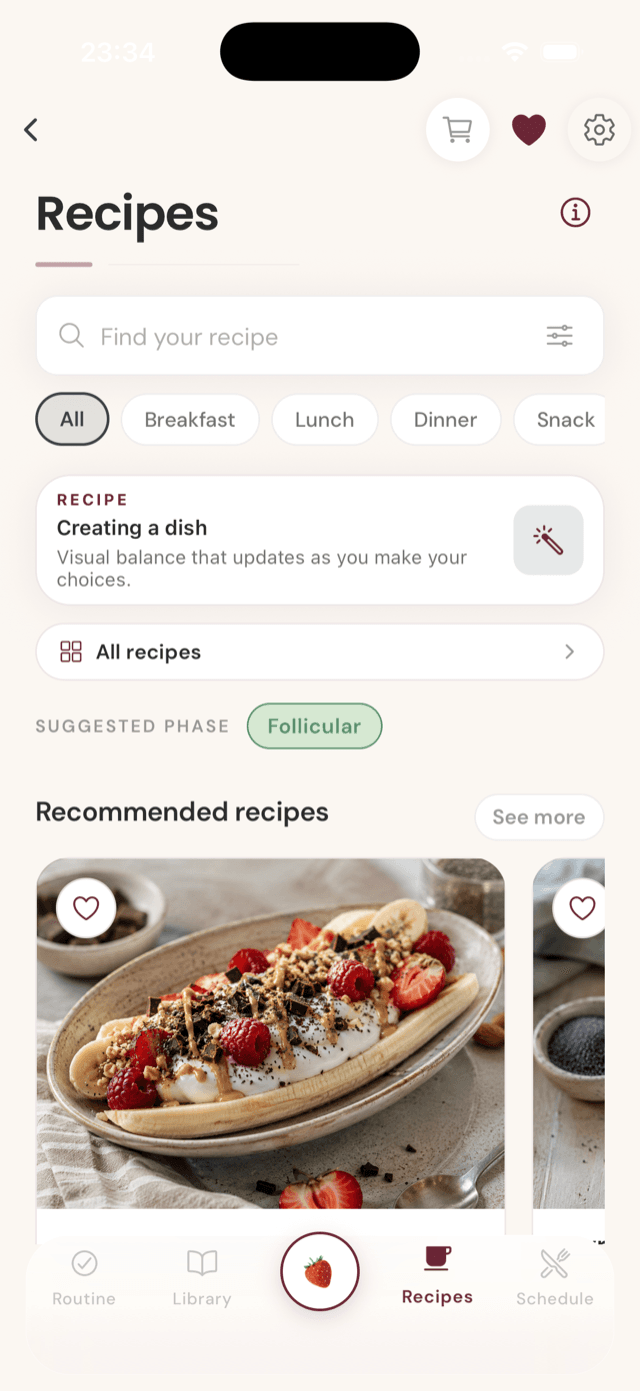 Lovae app · recipes screen