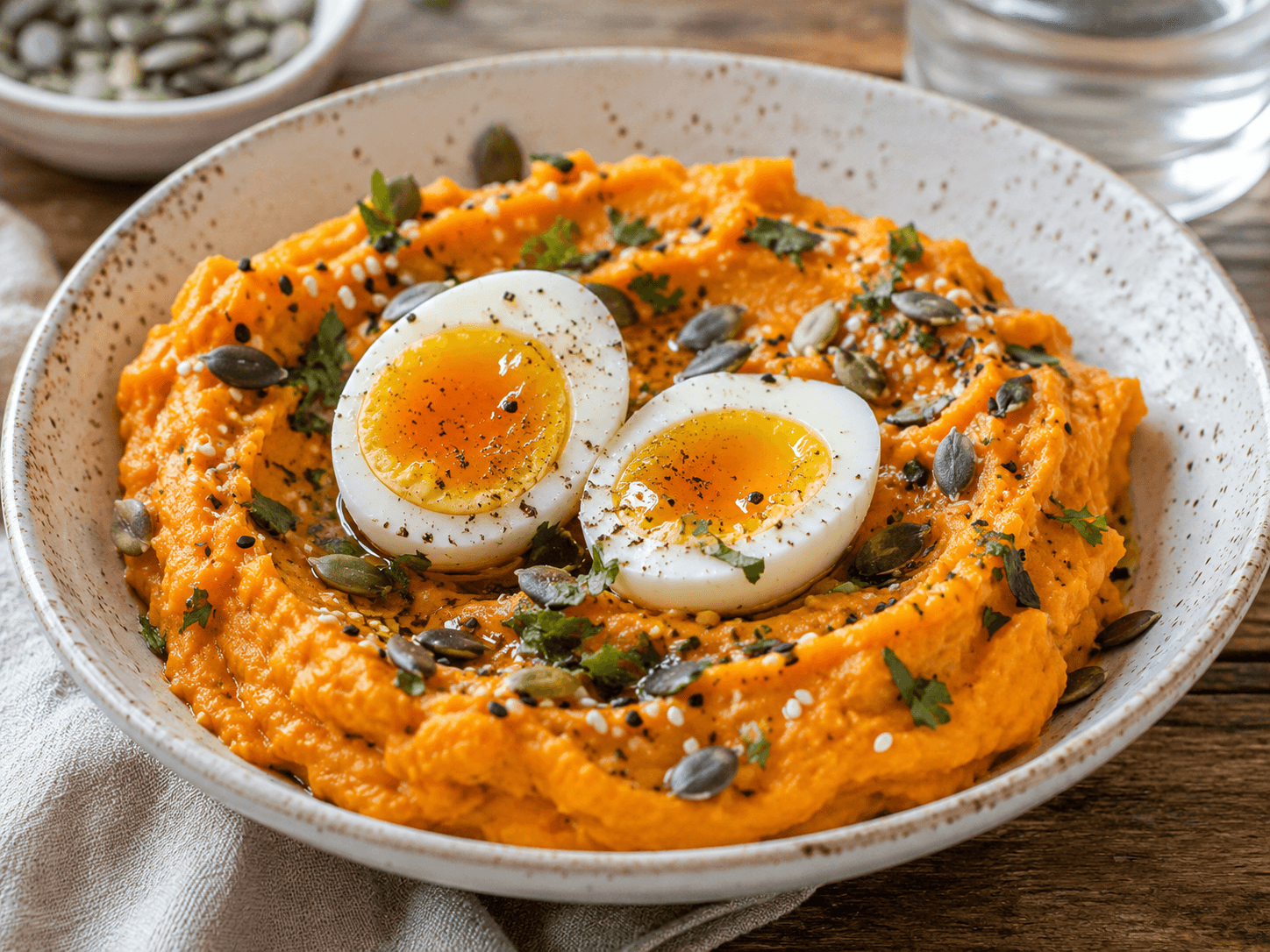 Sweet potato purée Soft-boiled egg Seeds
