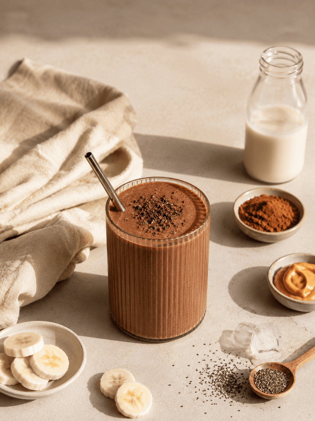Smoothie banane beurre de cacahuète cacao